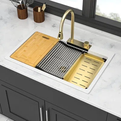 Hanni White Quartz Composite Kitchen Sink 33x22" - Waterfall Style, Pull-out Faucet & Assorted Accessory P In Gold