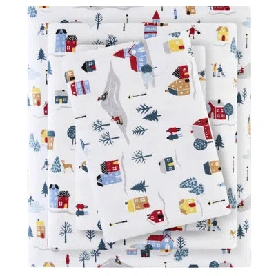 Hanni White Village Print King 4 Pcs Flannel Sheet , 100% Cotton, Soft Handfeel, Machine Washable, - , Com In Multicolor
