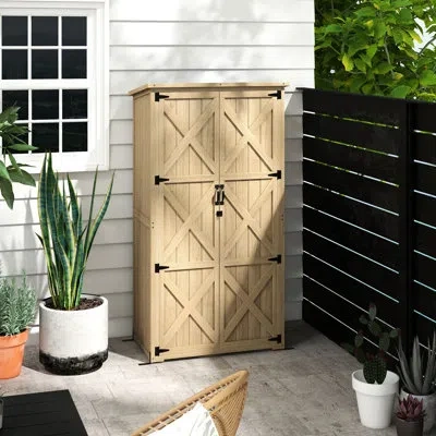Hanni Wood Garden Storage Shed With Lockable Doors, Waterproof Roof And Shelves - Natural Wooden Cabinet F In 35.77
