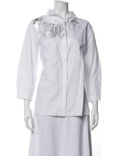 Pre-owned Hannoh Wessel Graphic Print Three-quarter Sleeve Blouse In White