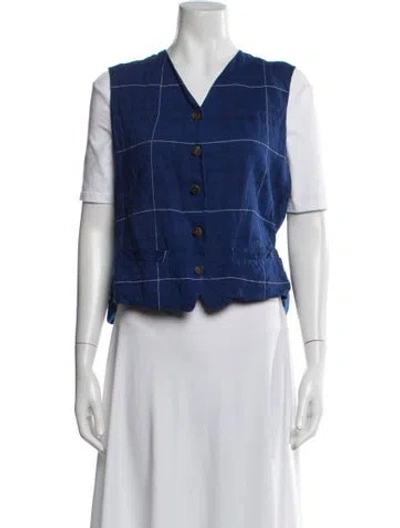 Pre-owned Hannoh Wessel Linen Plaid Print Vest In Blue