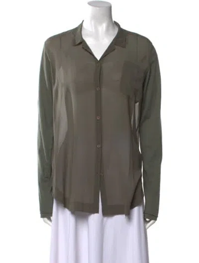 Pre-owned Hannoh Wessel Silk Long Sleeve Button-up Top In Green