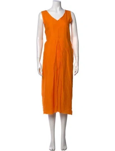 Pre-owned Hannoh Wessel V-neck Midi Length Dress In Orange