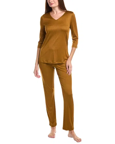 Hanro 2pc 3/4-sleeve Silk-blend Pajama Pant Set In Brown