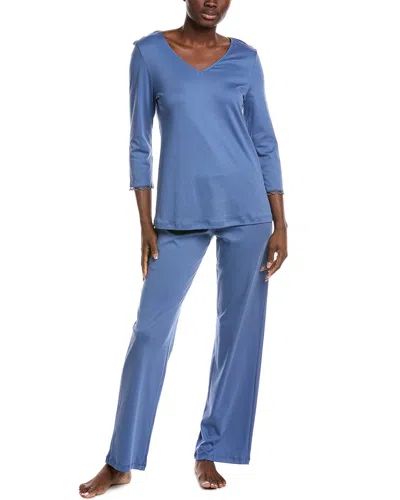Hanro 2pc Pajama Top & Pant Set In Blue