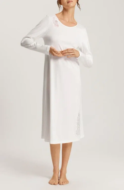 Hanro Anne Lace Trim Long Sleeve Cotton Nightgown In Off White