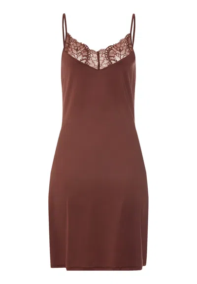Hanro Azelia Lace Trim V-neck Chemise In Brown