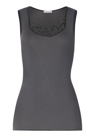 Hanro Belen Embroidered Cotton Tank Top In Gray