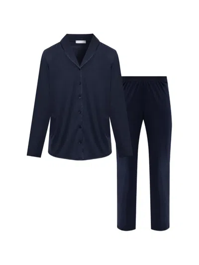 Hanro Button-up Cotton Two-piece Pyjama Set In Blue