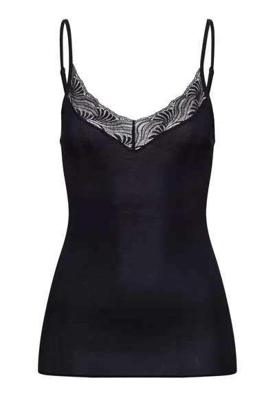 Hanro Cotton Delight Lace Trim Cotton Camisole In Black