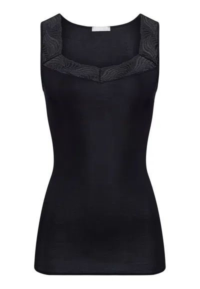 Hanro Cotton Delight Lace Trim Cotton Tank Top In Black
