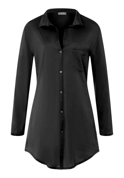 Hanro Cotton Deluxe Button Front Cotton Sleep Shirt In Black