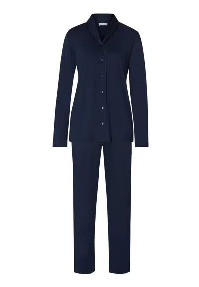 Hanro Cotton Silk Button Front Cotton Pajama Set In Deep Navy