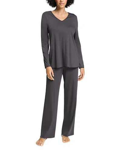 Hanro Cotton Silk V Neck Long Sleeve Pajama Set In Gray