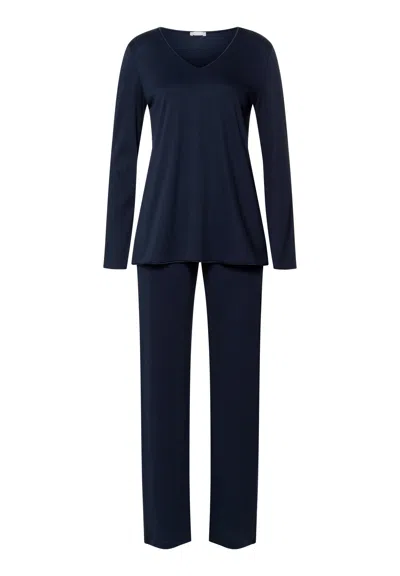 Hanro Cotton Silk V-neck Cotton Pajama Set In Blue