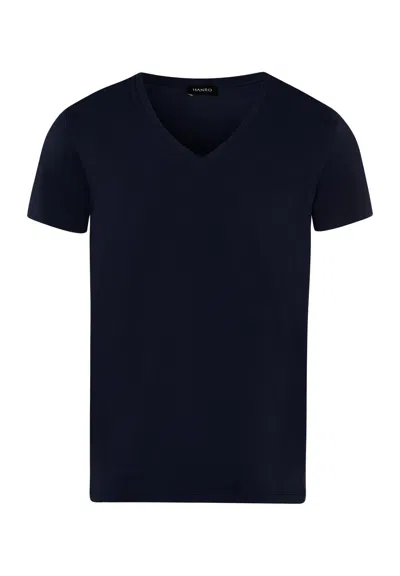 Hanro Cotton Superior Fitted V-neck Cotton T-shirt In Blue