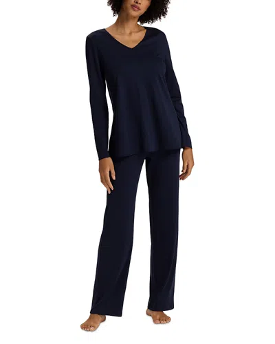 Hanro Cotton V Neck Long Sleeve Pajama Set In Deep Navy