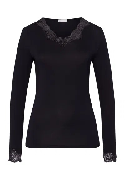 Hanro Dana Tencel™ V-neck Top With Lace Trim In Black