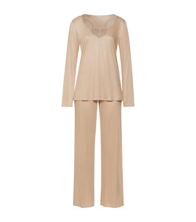 Hanro Lace-trim Long-sleeve Pyjamas In Brown