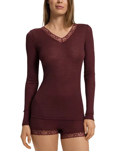 Hanro Lace Trim Long Sleeve Top In Brown