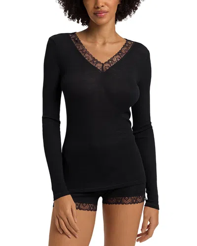 Hanro Lace Trim Long Sleeve Top In Black