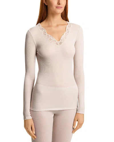 Hanro Lace Trim Long Sleeve Top In Pumice