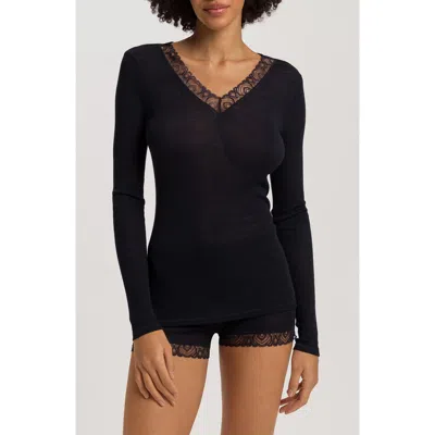 Hanro Lace Trim Merino Wool & Silk Rib Sleep Top In Blue