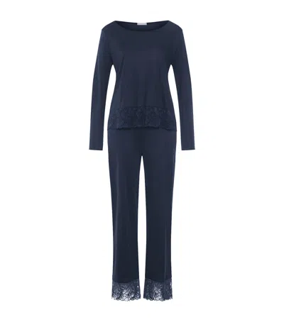 Hanro Lace-trim Long-sleeve Pyjamas In Blue