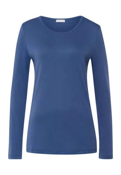 Hanro Loungy Nights Relaxed Round Neck Cotton Top In Blue