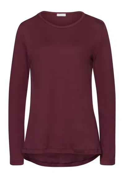 Hanro Loungy Nights Relaxed Round Neck Cotton Top In Burgundy
