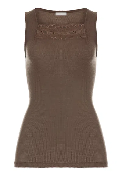 Hanro Marcia Lace Trim Wool And Silk Tank Top In Burgundy