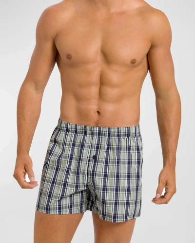 Hanro Men's Fancy Woven Cotton Boxers In Green Check