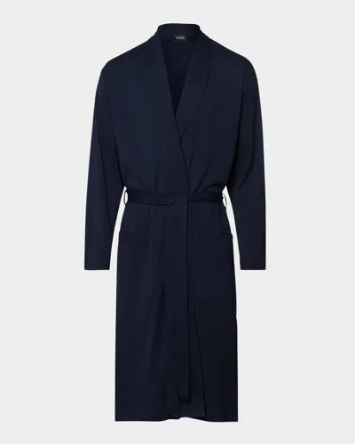 Hanro Night And Day Shawl Collar Cotton Robe 120cm In Deep Navy