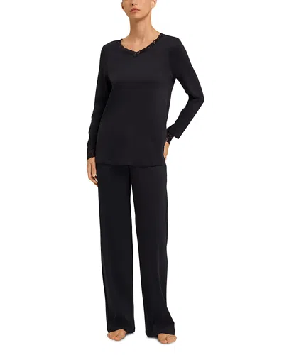 Hanro Moments Cotton Lace Trim Pajamas Set In Black