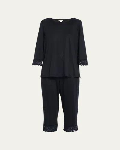 Hanro Moments Lace-trim Cropped Pajama Set In Black