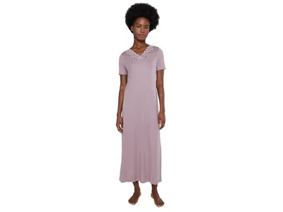 Hanro Moments Short Sleeve Long Gown Women's Clothing Stormy Rose: Sm, Cotton/lace In Purple