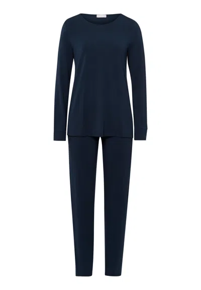 Hanro Natural Elegance Round Neck Long Pajama Set In Blue