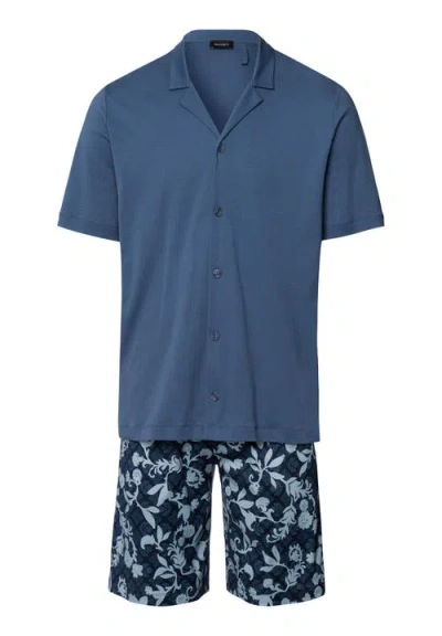 Hanro Night And Day Button Front Cotton Pajama Set In Night Blue Tiles