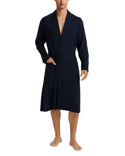 Hanro Night And Day Shawl Collar Cotton Robe 120cm In Deep Navy