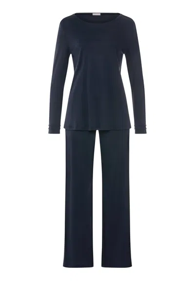 Hanro Pilar Pleated Cotton Pajama Set In Deep Navy