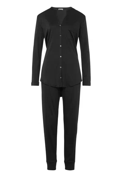 Hanro Pure Essence Button Front Soft Cotton Pajama Set In Black