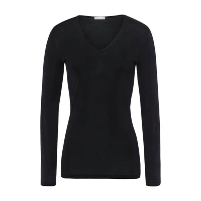 Hanro Woolen Silk W Wool And Silk V-neck Fitted Top In Black