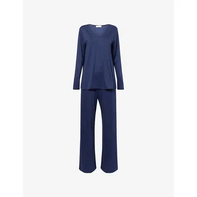 Hanro Womens Deep Navy Long-sleeves Straight-leg Cotton-jersey Pyjama Set Xs In Blue