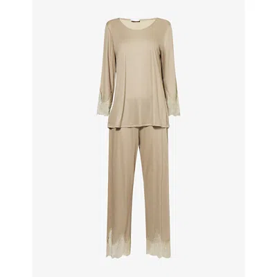 Hanro Womens Lace-trim Round-neck Jersey Pajamas Silver Sage