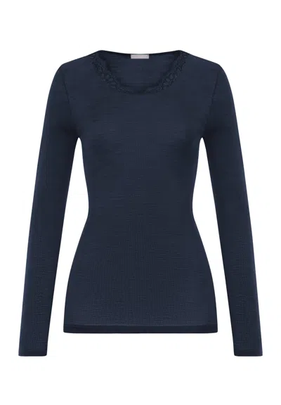 Hanro Woolen Lace Lace Trim Wool And Silk Crew Neck Top In Blue