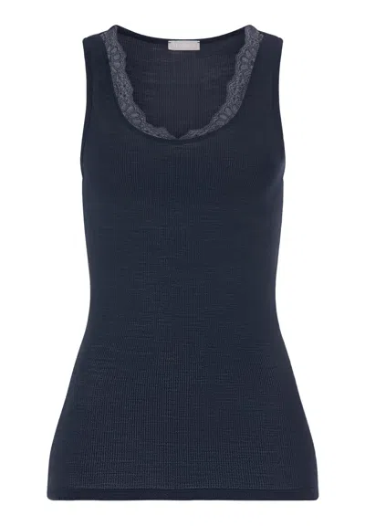 Hanro Woolen Lace Lace Trim Wool And Silk Tank Top In Blue