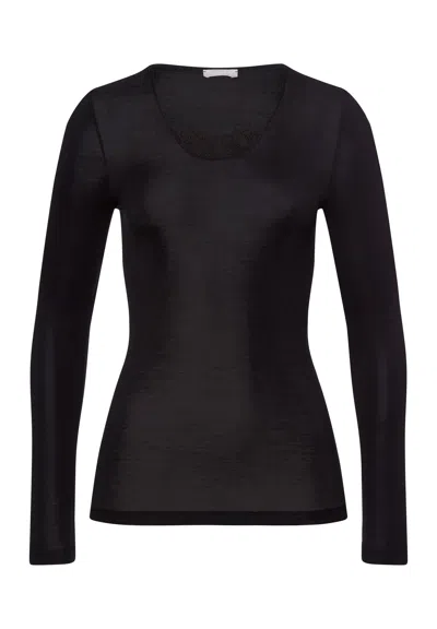 Hanro Woolen Silk W Wool And Silk Embroidered Top In Black