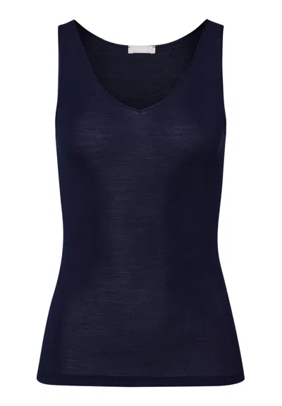 Hanro Woolen Silk W Wool And Silk V-neck Tank Top In Blue
