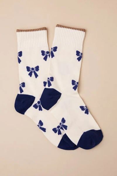 Hansel From Basel Boucle Bow Ivory And Navy Crew Socks