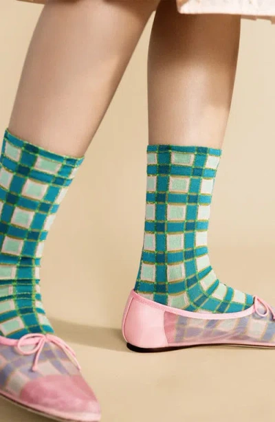 Hansel From Basel Esther Metallic Plaid Crew Socks In Green